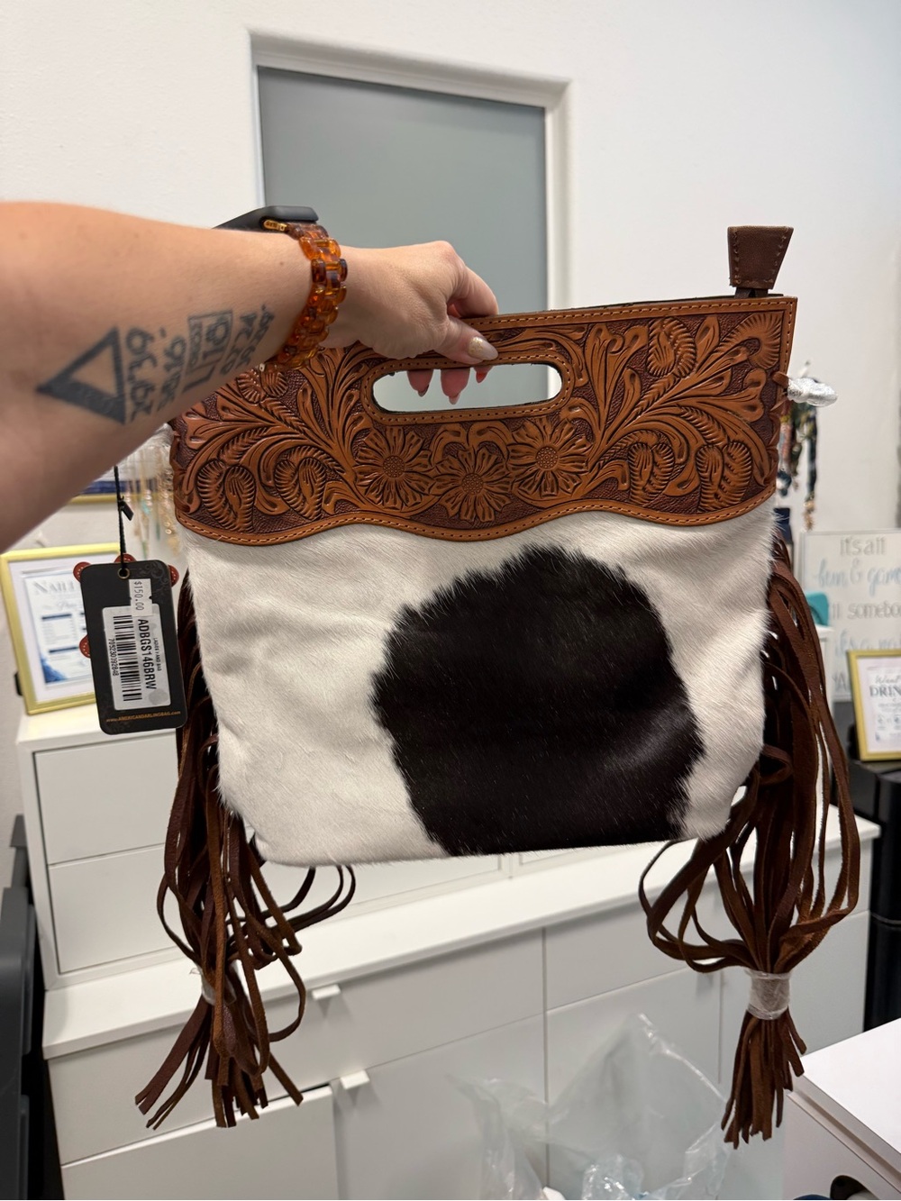 American Darling Brown Tooled Leather & White Cowhide Crossbody with Black Spot